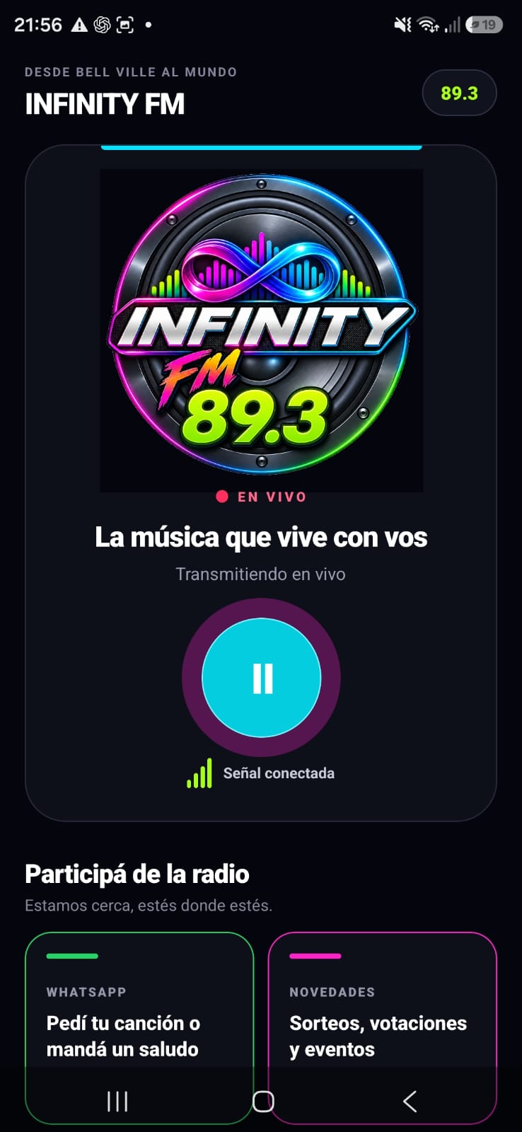 Aplicación móvil de INFINITY FM 89.3